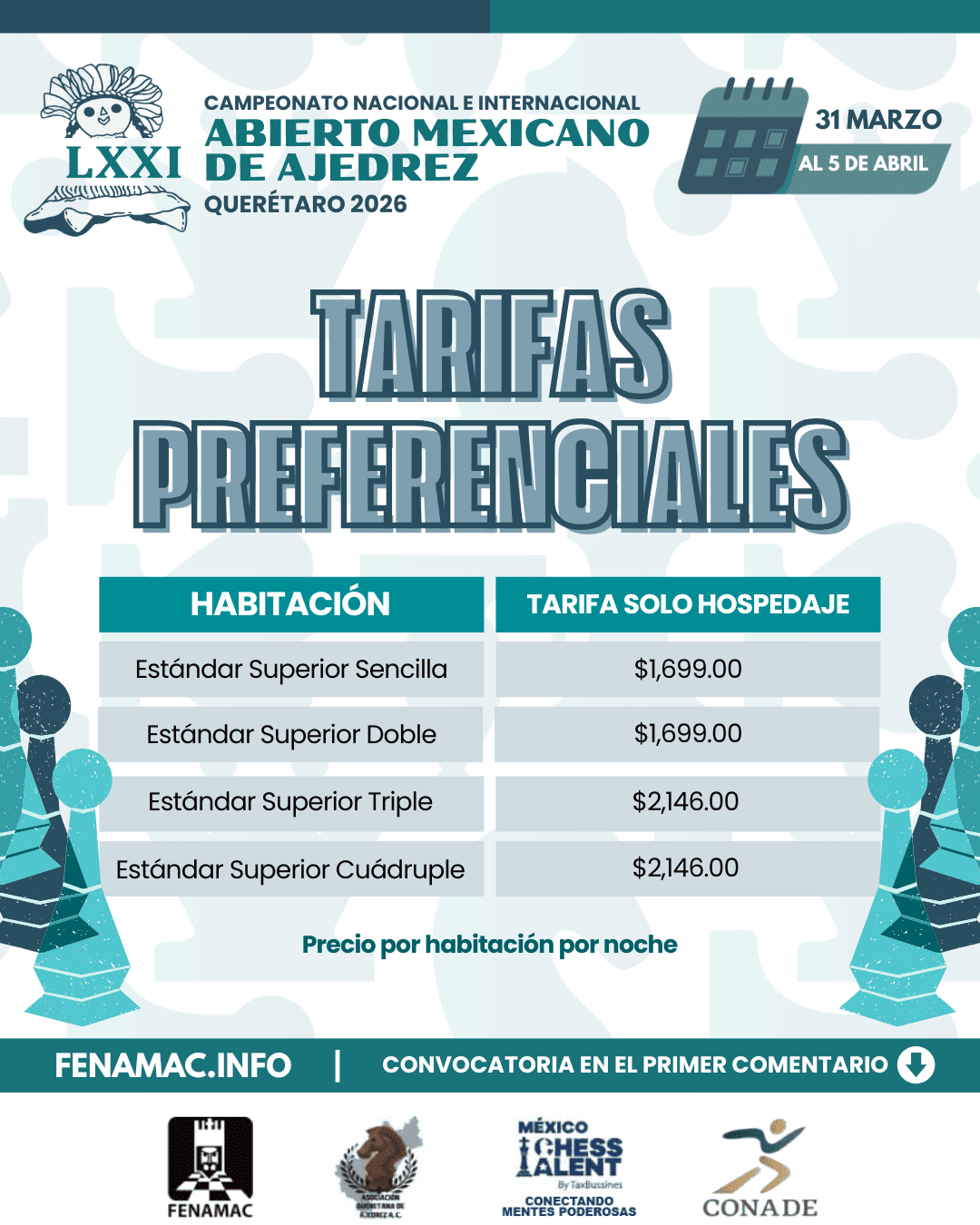 Tarifas de hotel para el Abierto Mexicano de Ajedrez 2026