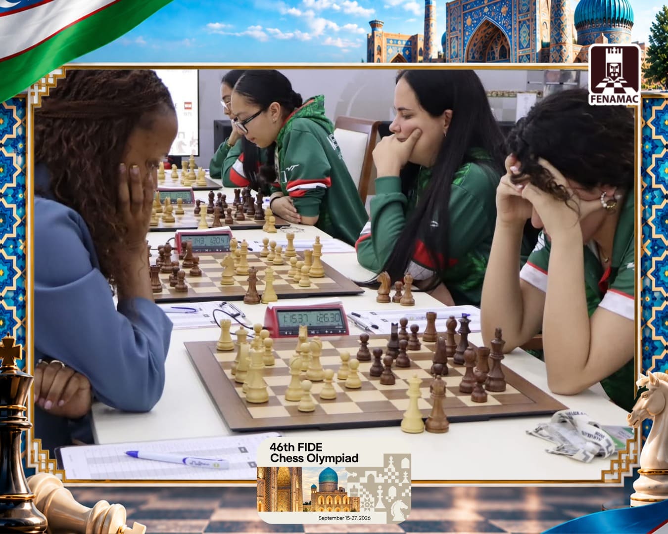 Selección mexicana Women durante la ronda 2 de la 46ª Olimpiada Mundial de Ajedrez FIDE, Samarcanda 2026