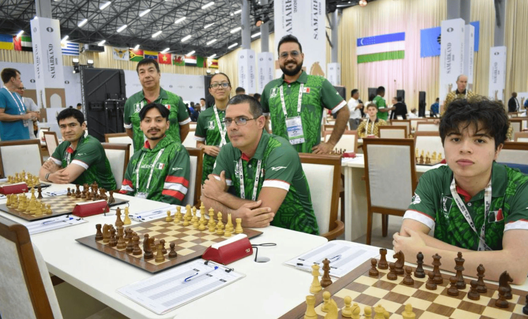 Selección mexicana Open antes de su ronda en la 46ª Olimpiada Mundial de Ajedrez FIDE, Samarcanda 2026
