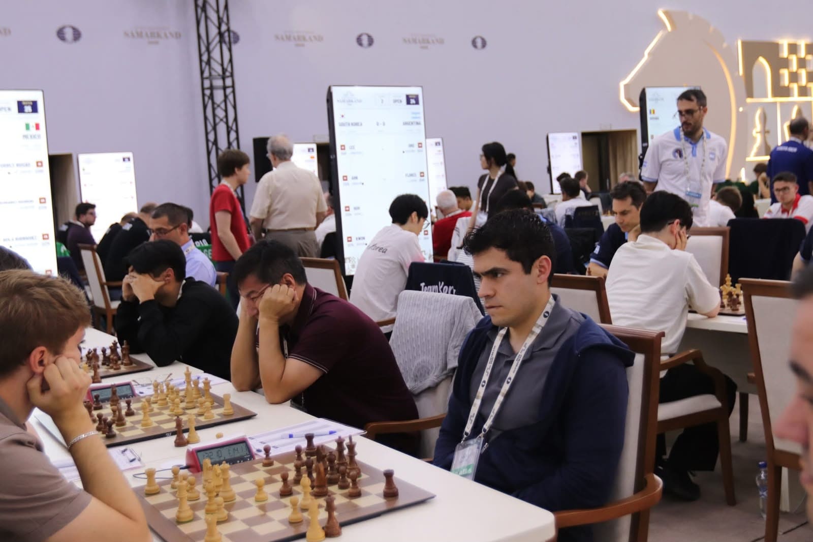 Selección mexicana Open durante la ronda 3 de la 46ª Olimpiada Mundial de Ajedrez FIDE, Samarcanda 2026