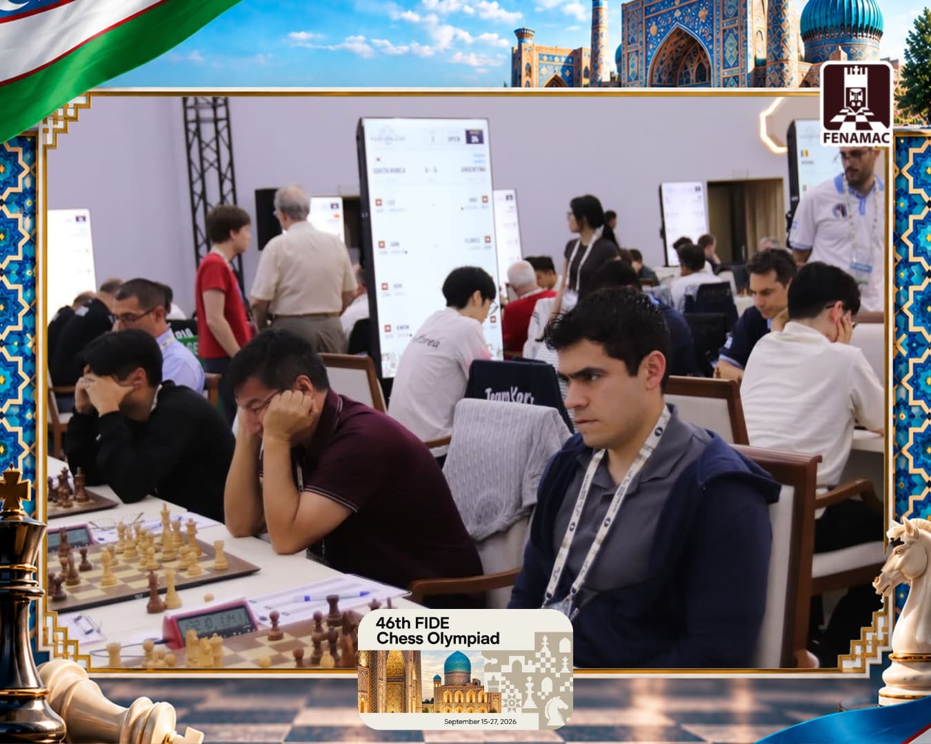 Selección mexicana Open durante la ronda 2 de la 46ª Olimpiada Mundial de Ajedrez FIDE, Samarcanda 2026